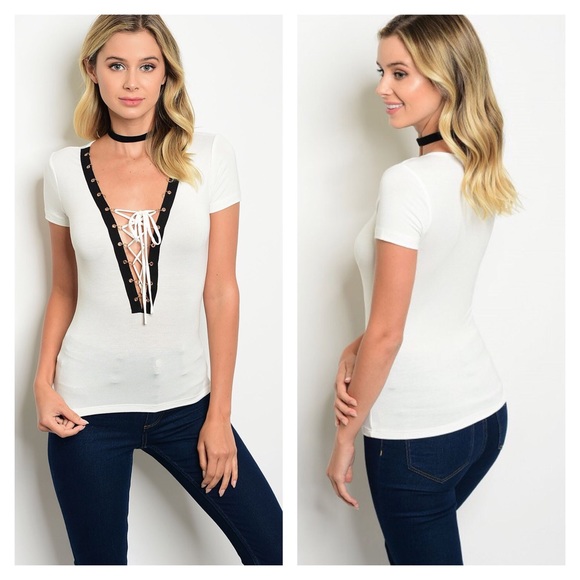 White & Black Plunge Lace Up Top! - Picture 3 of 6